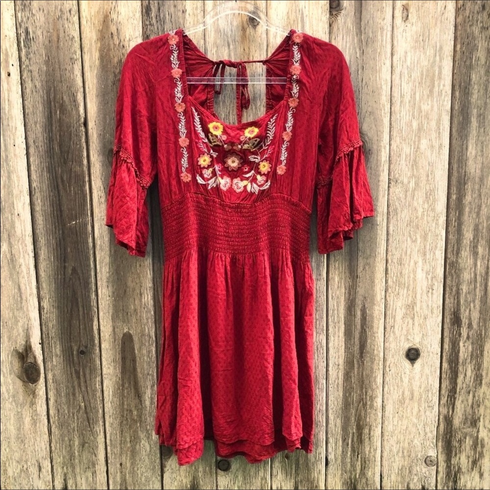 NWT Francesca’s Blue Rain Dress Red Embroidered Small